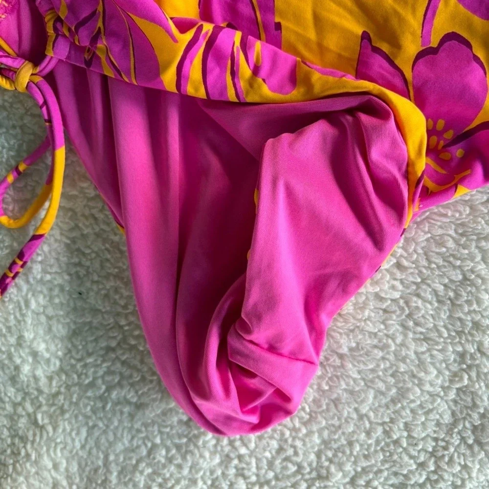 NWT Roxy‎ Island Time Lace Up Side One Piece Cheeky Swimsuit Pink Orange Floral